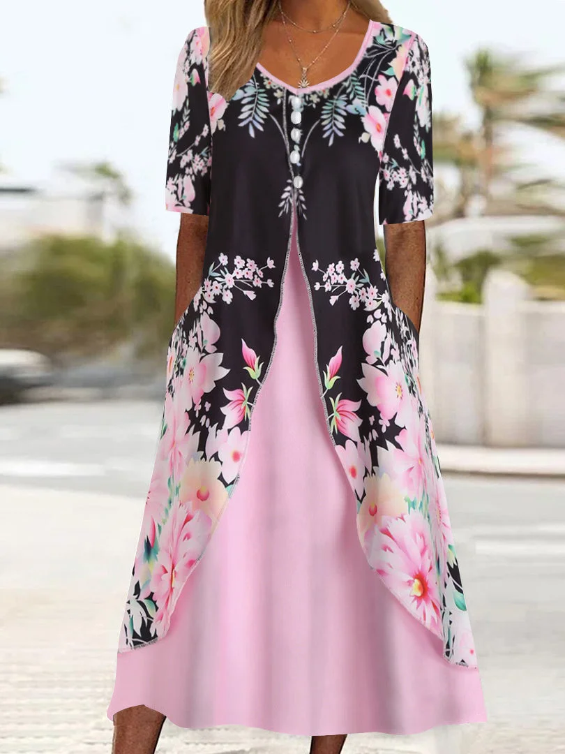 Women's Half Sleeve V-neck Graphic Floral Printed Midi Dress