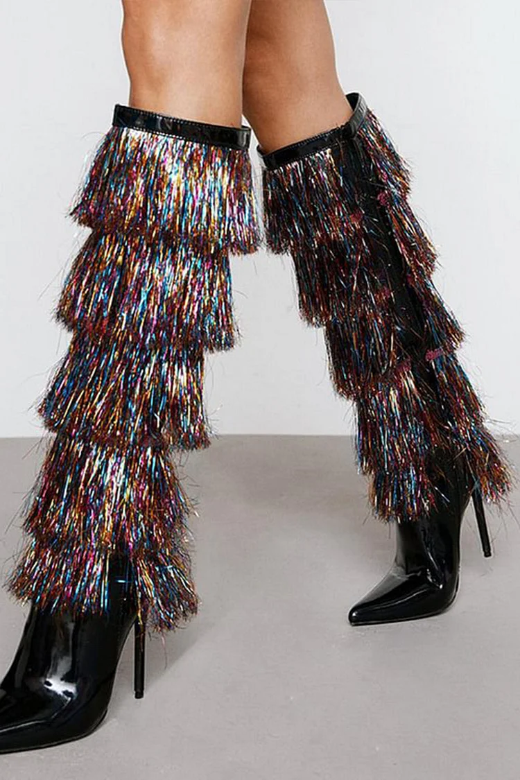 Gothic Multicolor Party Multi-layered Colorful Fringe Pointed Toe Boots
