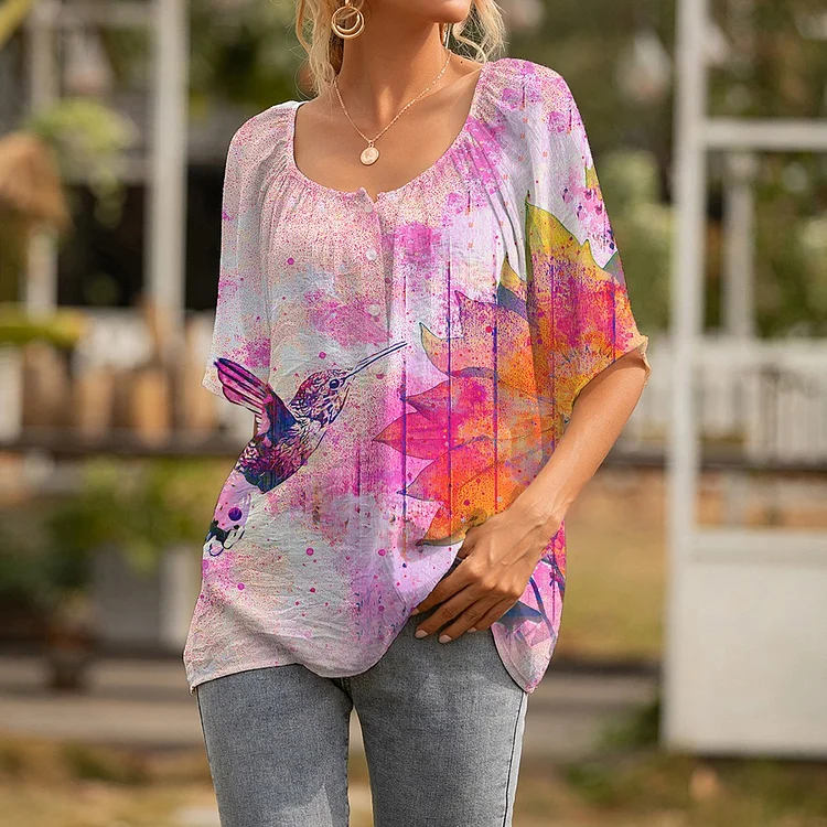 Vintage Hummingbird Print Casual Shirt