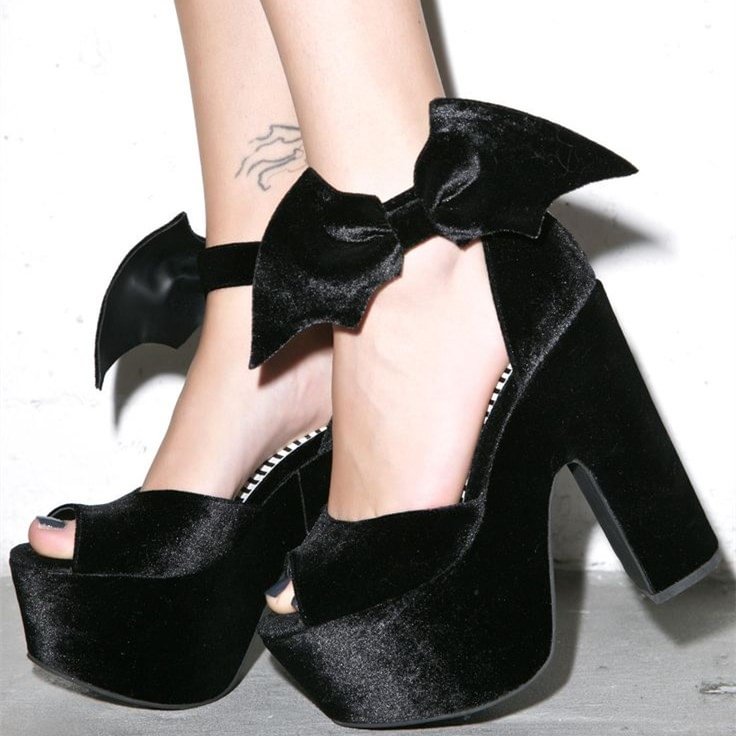 Black Velvet Heels Batman Peep Toe Platform Sandals for Halloween |FSJ Shoes