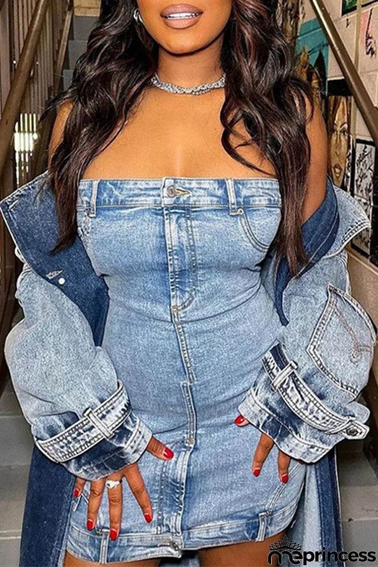 Sexy Solid Patchwork Buttons Backless Strapless Sleeveless High Waist Skinny Denim Dresses(Without Outerwear )