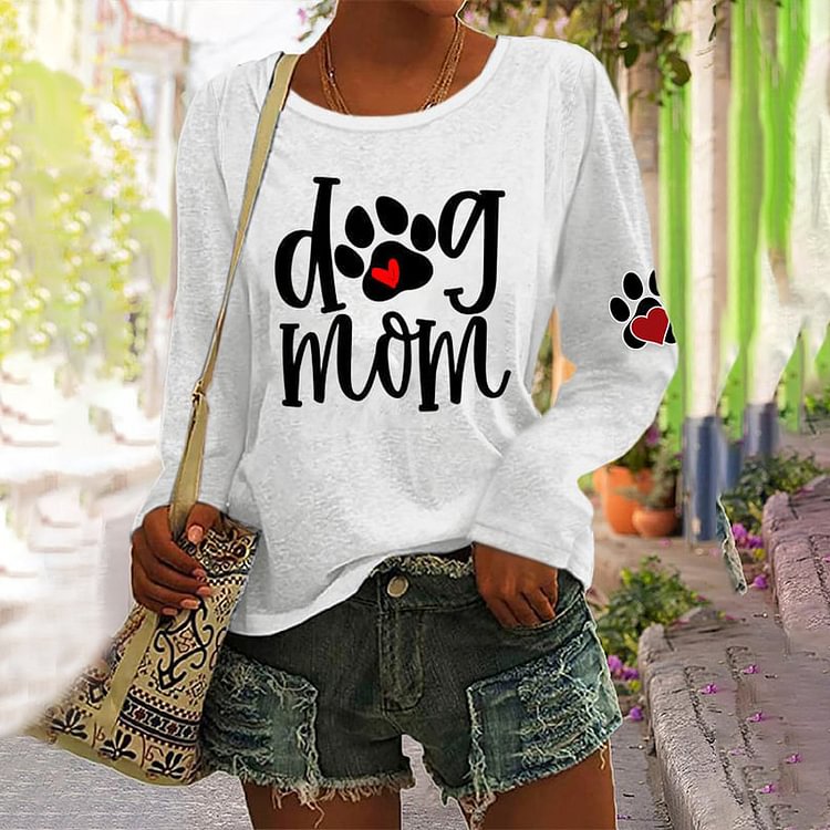 Comstylish Dog Love Mom Print Casual Long Sleeve T-Shirt