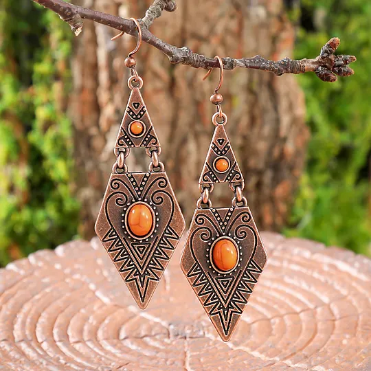 Retro Bohemian Turquoise Earrings Simple and Versatile Geometric Rhombus Metal Texture Earrings