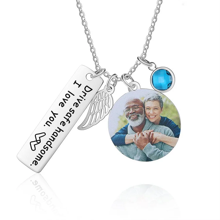 Personaized Photo Necklace With Angel Wing Custom Birthstone Necklace