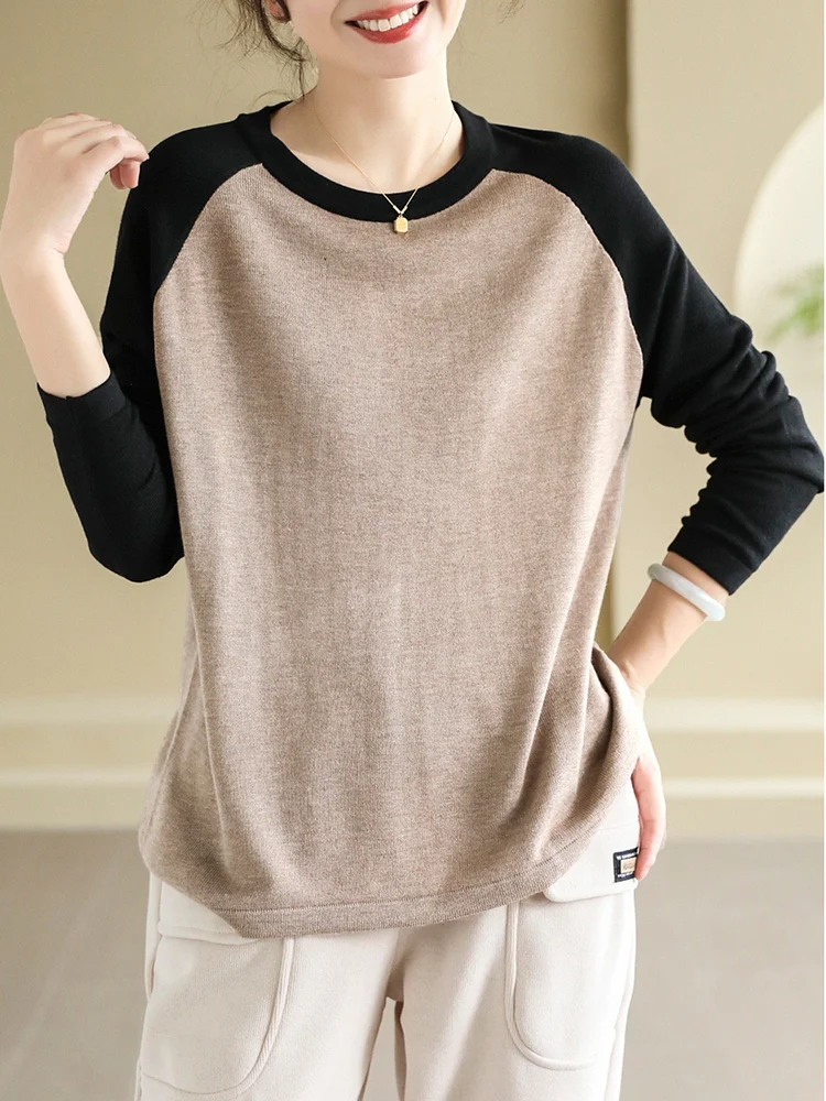 Literary Colorblocked Knit Long Sleeve Blouse