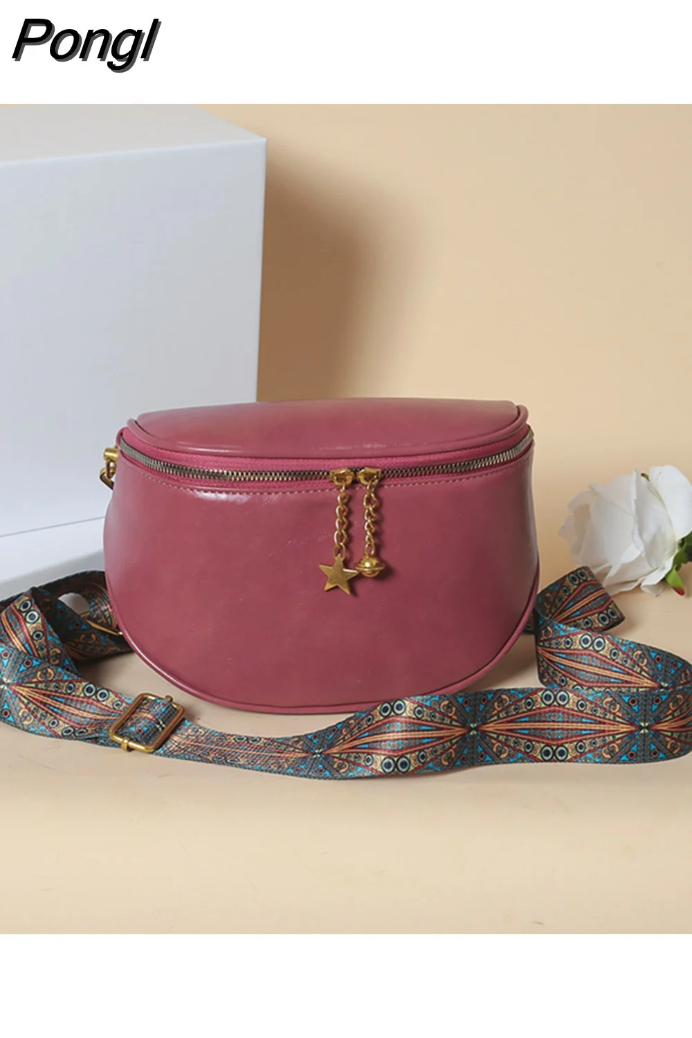 Pongl Women Crossbody Bag Oil Wax PU Leather Chest Belt Packs Ethnic Wide Strap Female Shoulder Bag Half Moon Retro Handbags