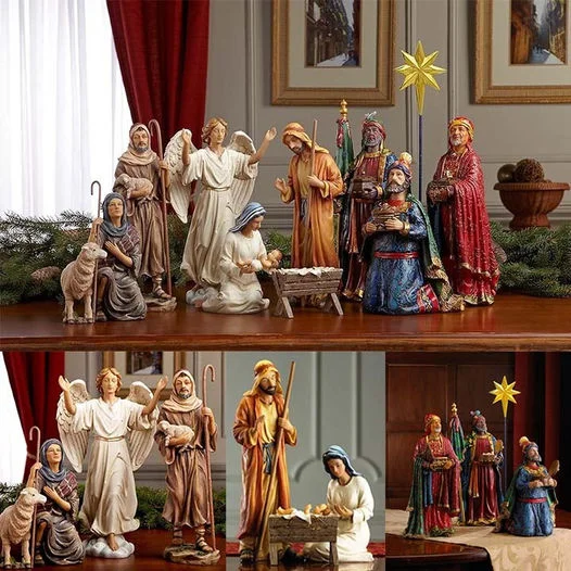 Three Kings Gifts Magi, Wise Men, Christmas Star, Angel, Shepherds, Sheep, Holy Family, Jesus in Manger, Real Gold in Trunk, Nativity Scene Set & Figures, 11-Pieces