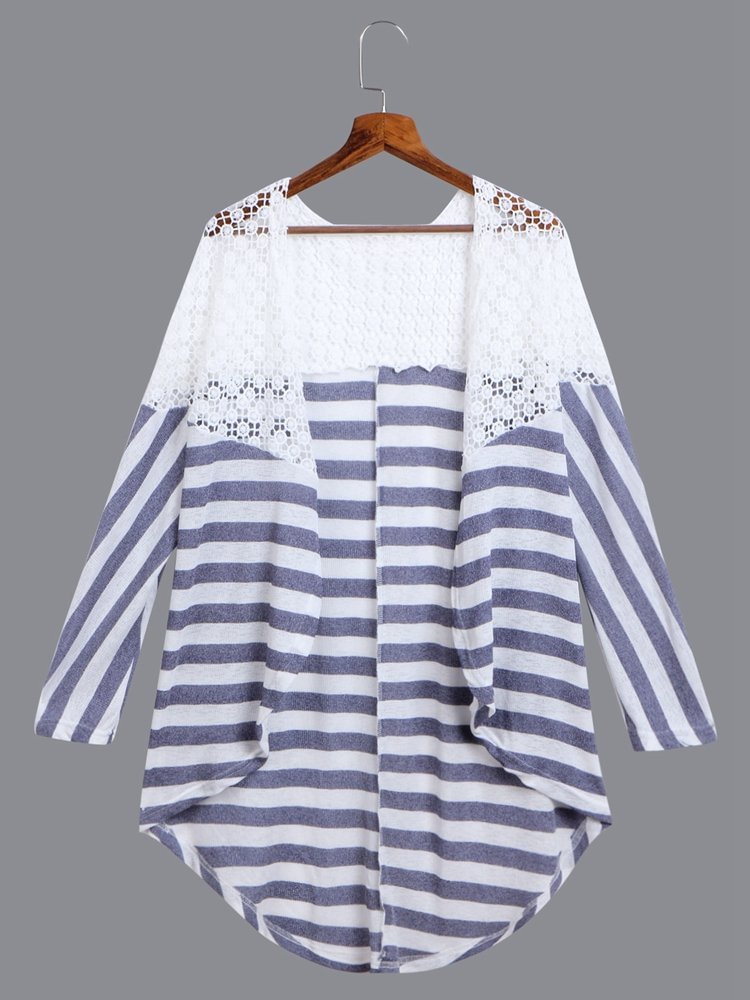 Women Casual Stripe Lace Stitching Long Sleeve Kimonos P1090992