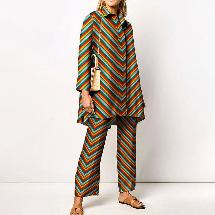 VChics Rainbow Stripe Print Casual Tunic & Pants Two-piece Set