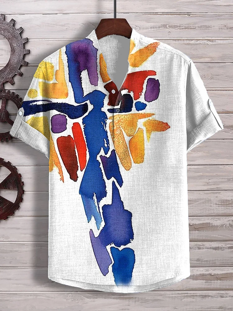 Men's Colorful Watercolor Splash Ink Cross Art Print Half Button Shirt