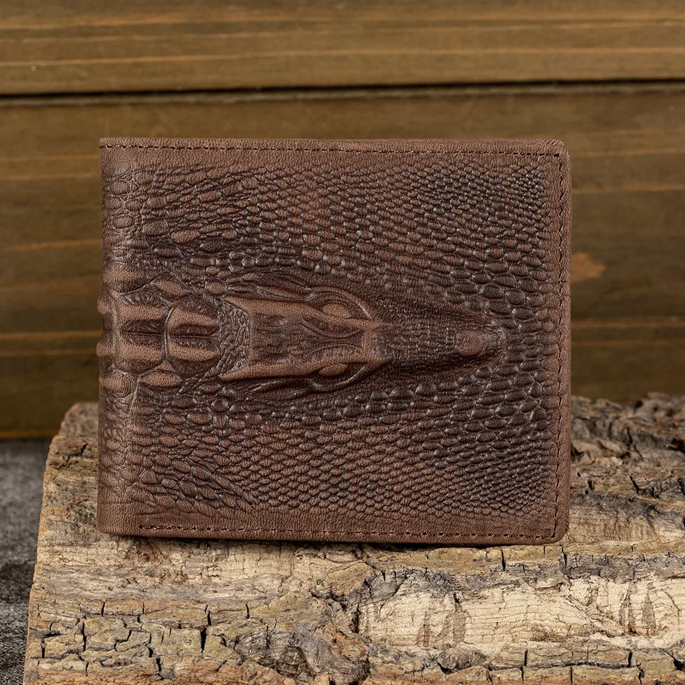 Brown Crocodile-Embossed Leather Wallet With Alligator Head Design
