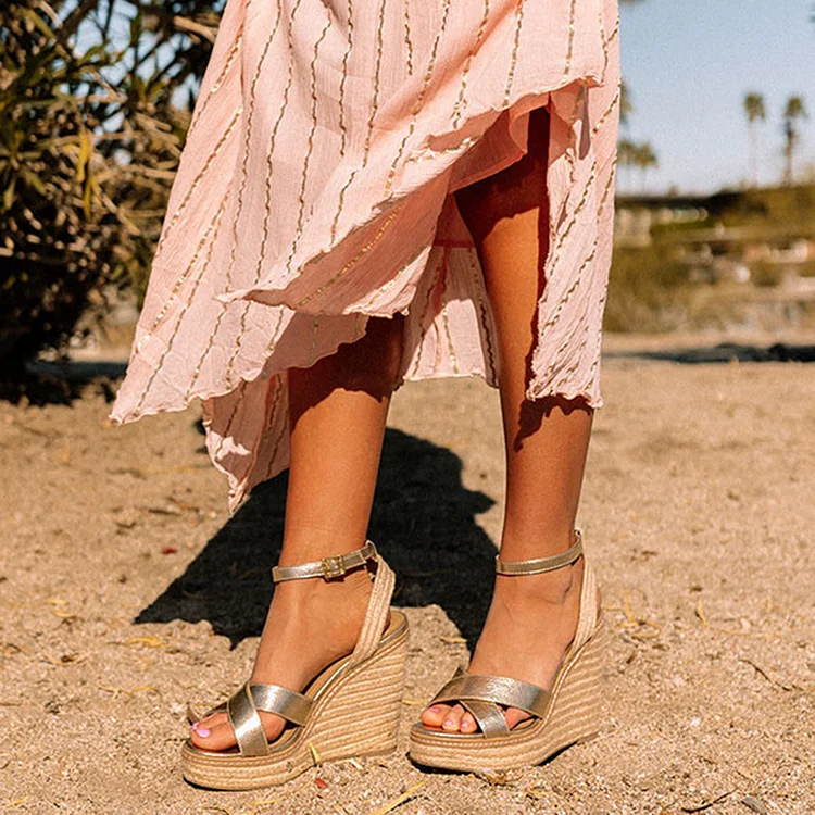 Classic Champagne Ankle Strap Wedge Espadrille Sandals |FSJ Shoes