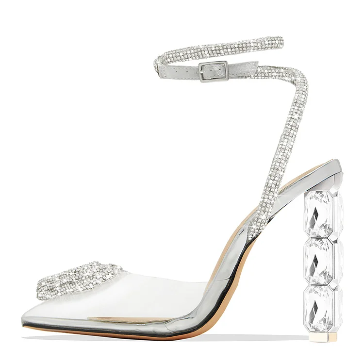 Silver Rhinestone Strappy Pointed Toe Sculptural Heels Clear Shoes |FSJ Shoes