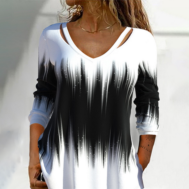 Comstylish Fashion Color Block Long Sleeve V Neck Tunic