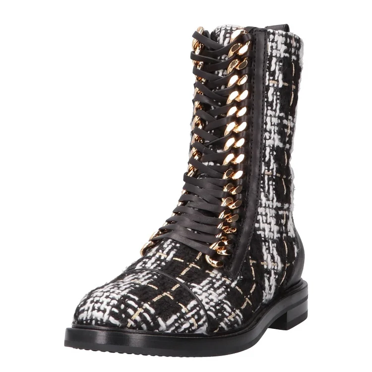 Black & White Combat Boots Metal Chain Lace Up Flat Booties |FSJ Shoes