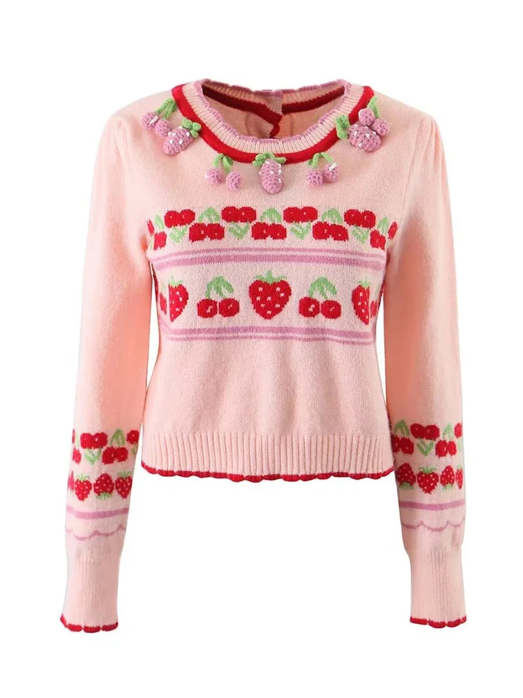 Tlbang New Fashion Women Sweet Pink Strawberry Cherry Thin Knit Sweater O Neck Long Sleeve Female Crop Pullover Autumn Tops