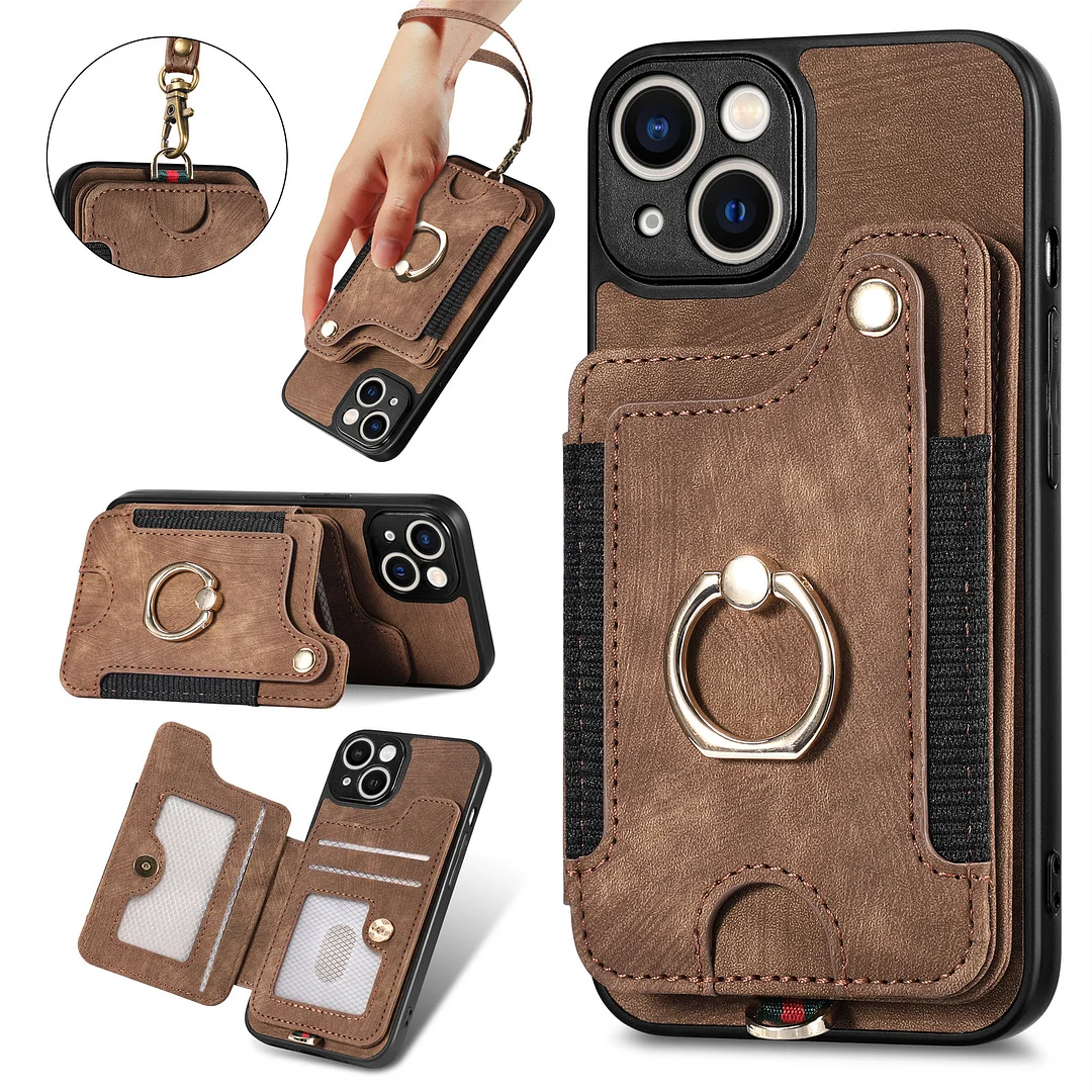 Retro Leather Phone Case With Elastic 3 Cards Wallet,Ring,Kickstand And Detachable Lanyard For Galaxy S22/S22+/S22 Ultra/S23/S23+/S23 Ultra