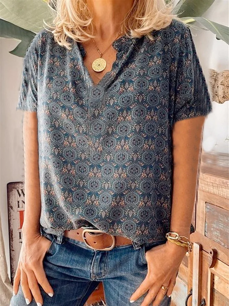 Bestdealfriday Casual Vintage V Neck Short Sleeve Top 8729570