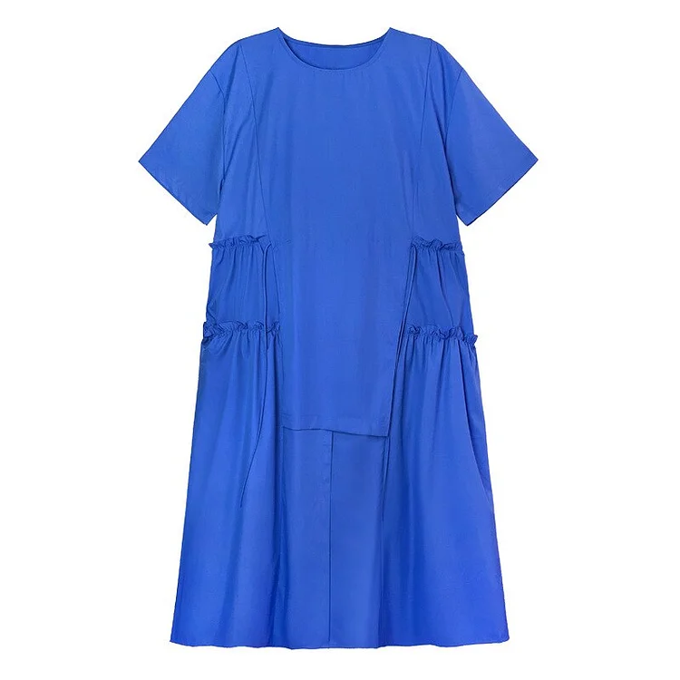 Stylish Loose Solid Color Round Neck Splicing Side Lacing Folds Pockets Half Sleeve Dress