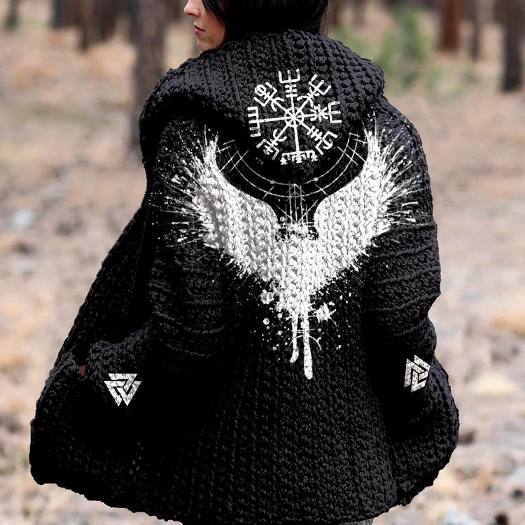 Vintage Viking Birds Runes Art Hooded Cardigan Sweater
