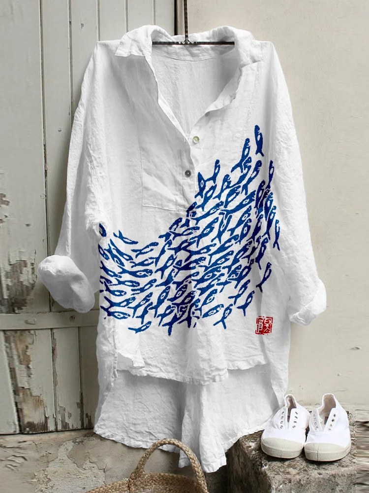 Comstylish Fish Japanese Art Linen Blend High Low Tunic