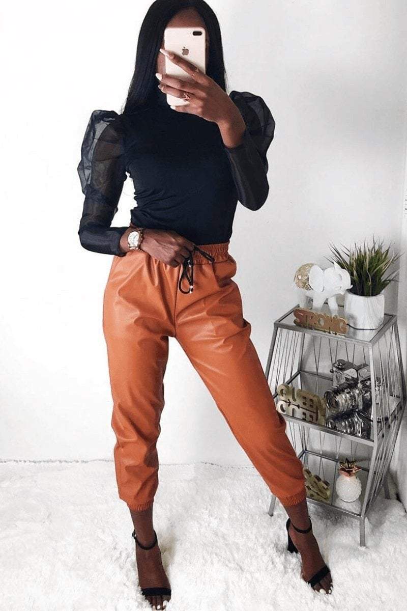 Brown Faux Leather Joggers | Katch Me
