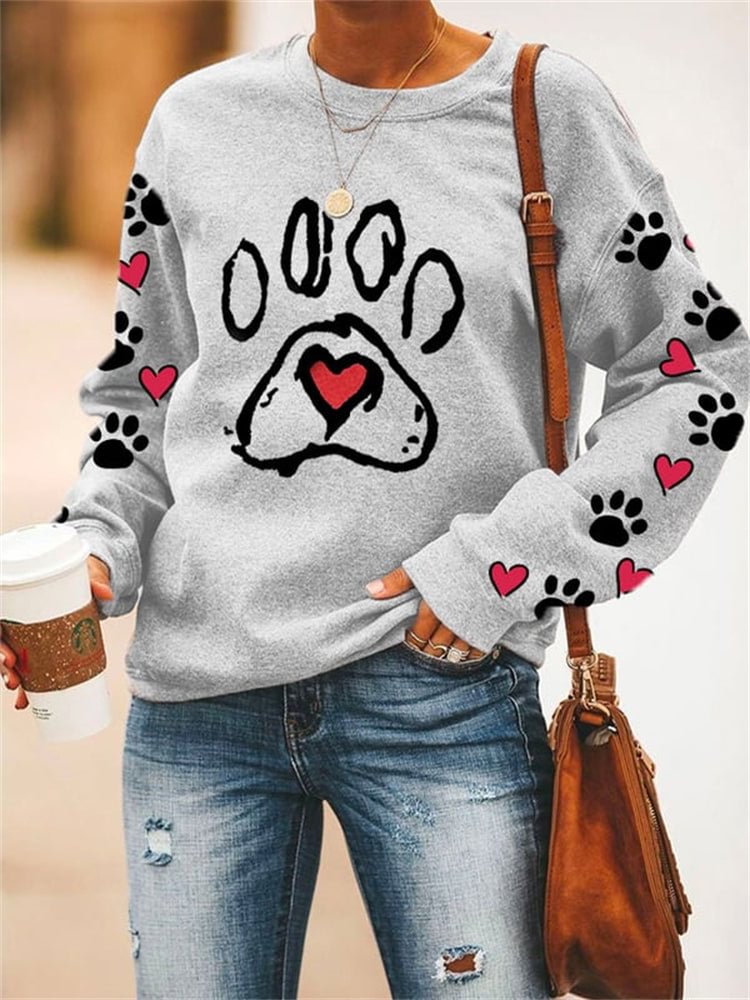 VChics Dog Footprint Heart Print Loose Sweatshirt