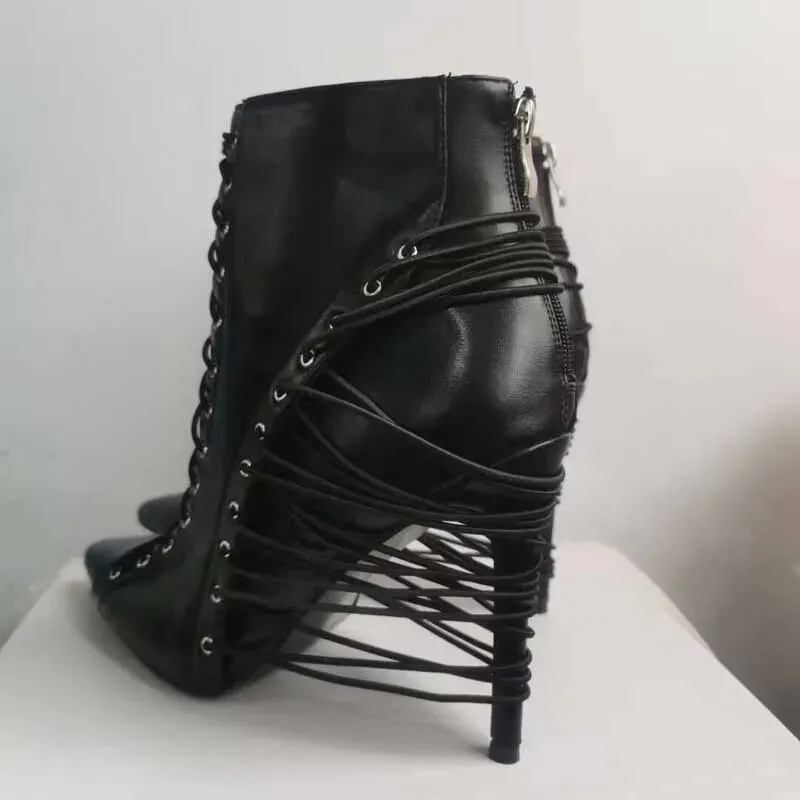 VCSHOES Eyelet Cross Elastic Cover High Heel Ankle Boots Zapatos Mujer Black Leather Thin Heels Pointed Toe Woman Short Boots