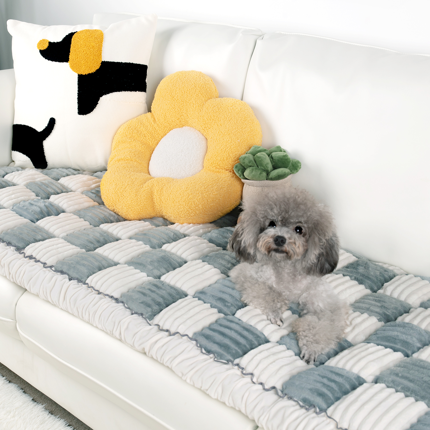 Cream-coloured Large Plaid Square Pet Mat Bed Couch Cover