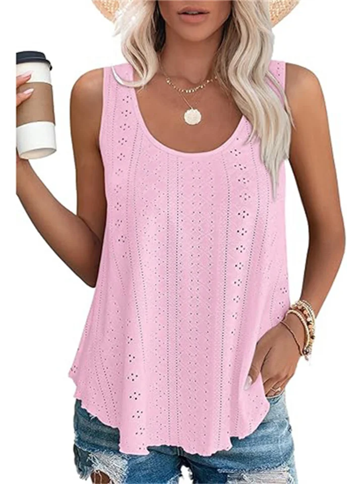 Women's Summer New Round Neck Loose Sleeveless T-shirt Tops Solid Color Hollowed Out Tops