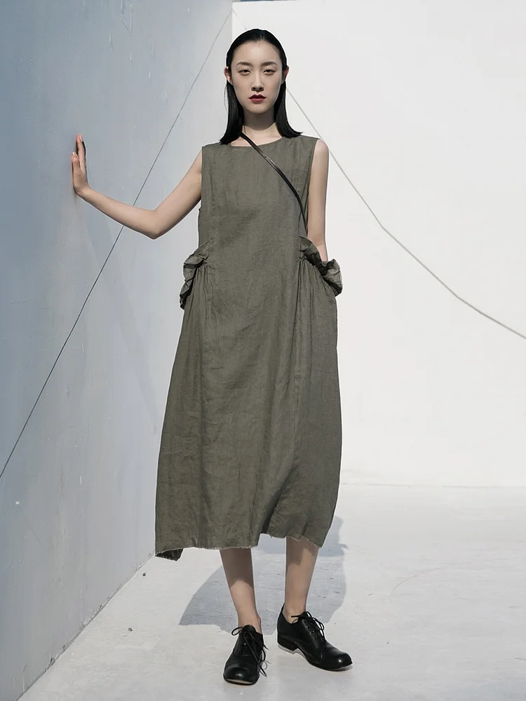 Round Neck Solid Color Mori Linen Midi Dress