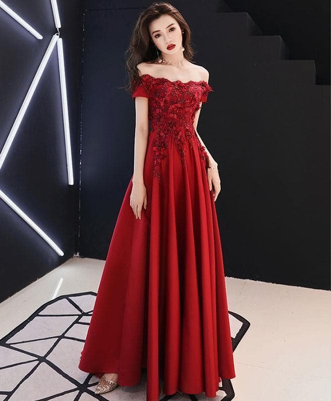 Burgundy Tulle Lace Long Prom Dress, Burgundy Tulle Bridesmaid Dress