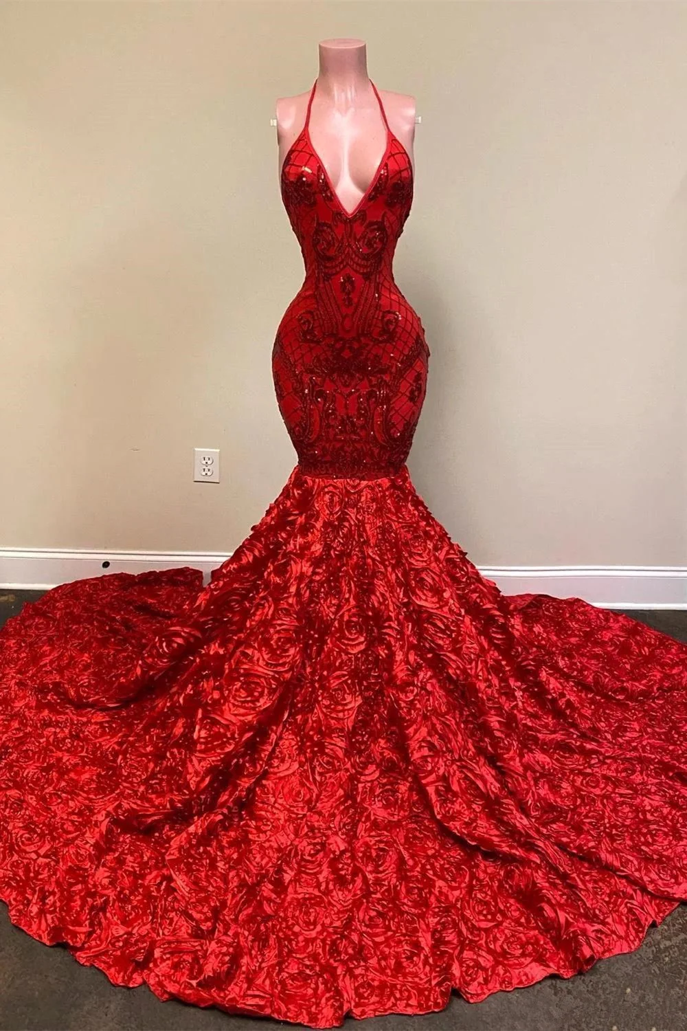 Spaghetti-Straps Red Prom Dress Mermaid Sequins PD0496