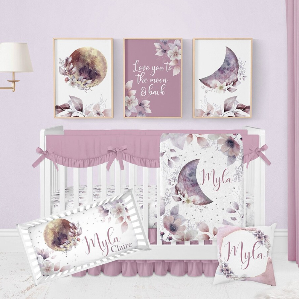 Moon and Stars Crib Bedding Set, Purple Floral NurseryDuckbe