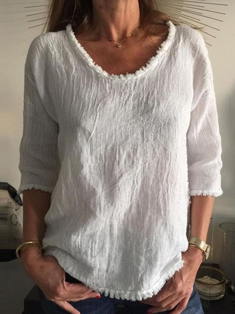 Solid Color Tassel O neck T shirt For Women P1693180