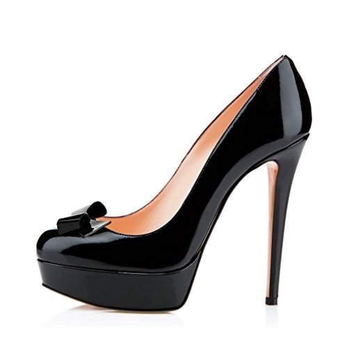 Black Bow Heels Patent Leather Round Toe Platform Pumps for Work |FSJ Shoes