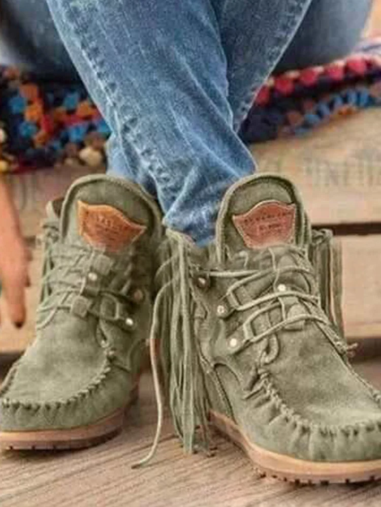 Casual Tassels Stitching Studded Lace Up Ankle Boot