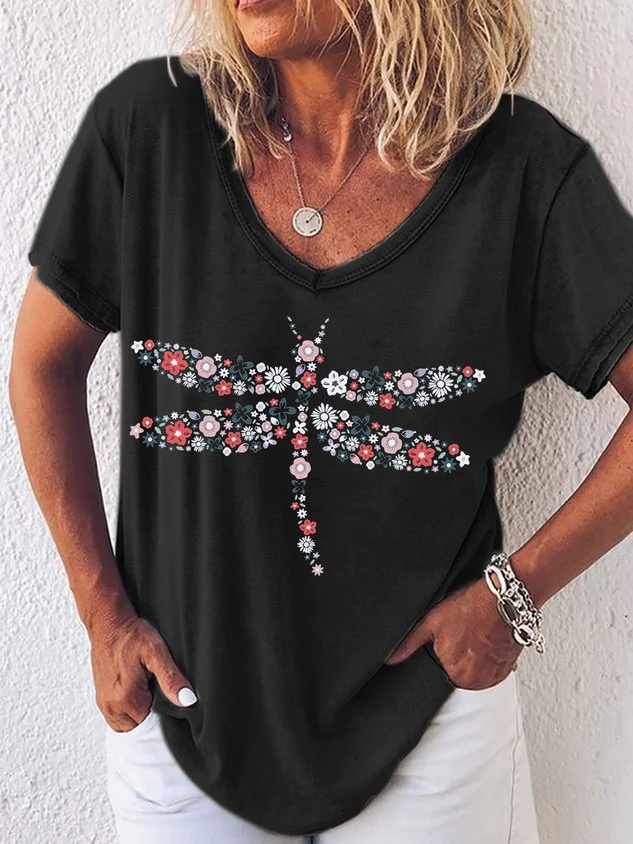 Women's Dragonfly Flower Print V Neck Casual T-Shirt socialshop