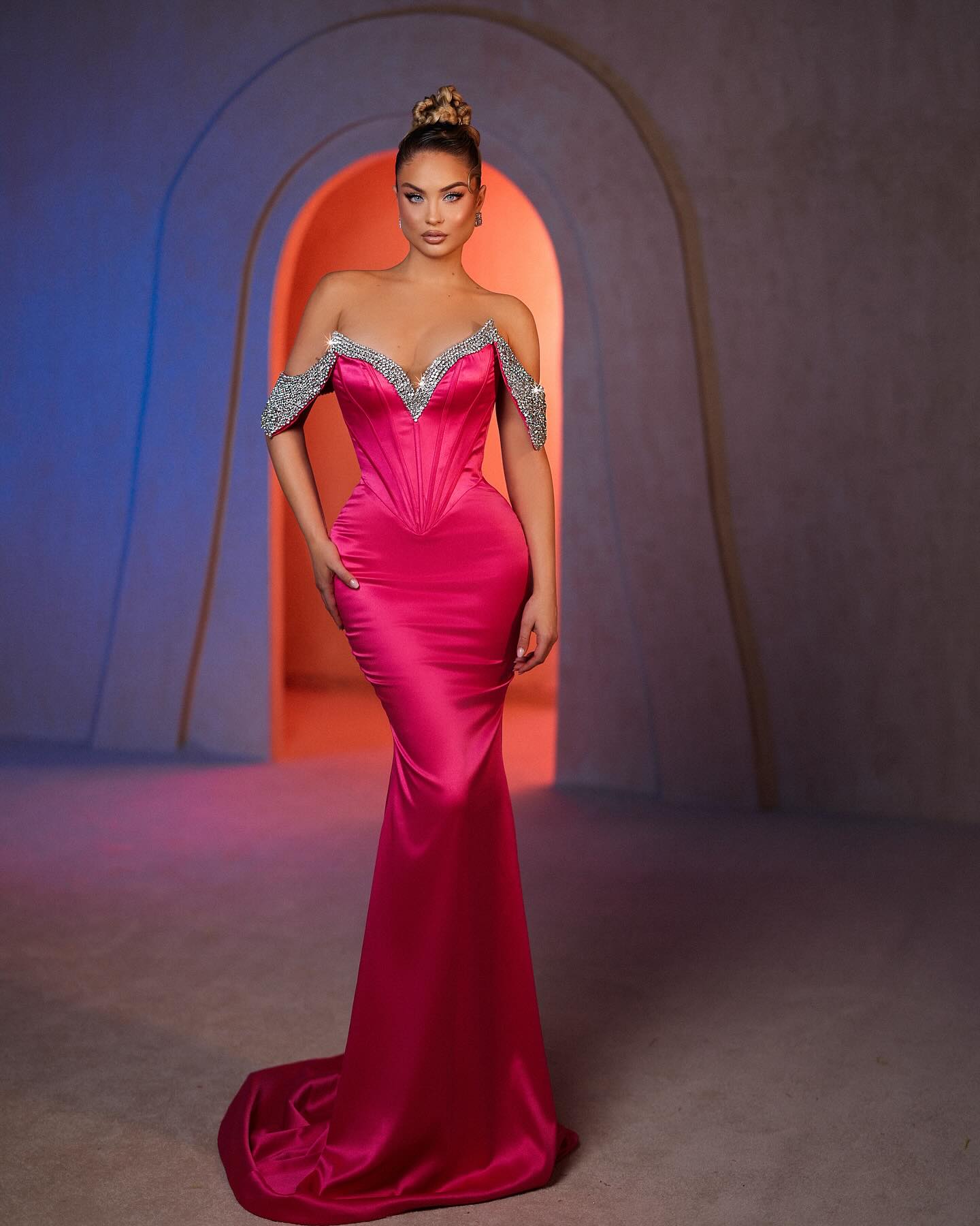Lvs&Broner Charming Fuchsia V-Neck Off the Shoulder Long Mermaid Prom Dress With Sequins