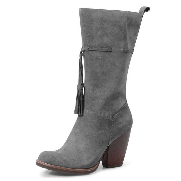 Grey Suede Boots Tassel Chunky Heel Mid Calf Boots |FSJ Shoes