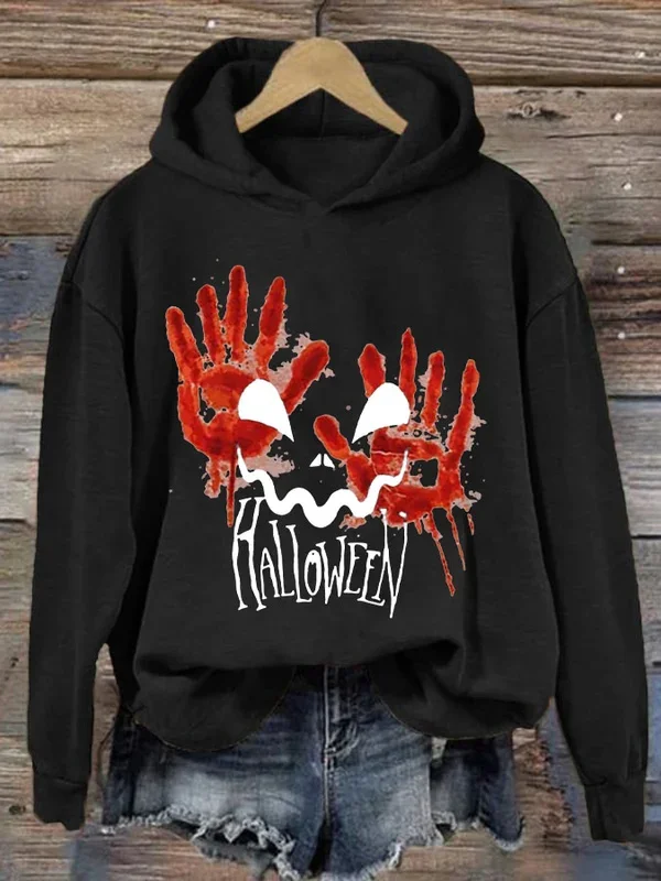 Halloween Bloody Palm Scary Face Print Hooded Sweatshirt