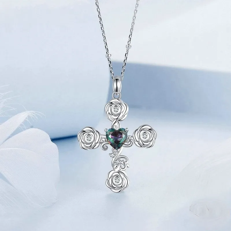 925 Sterling Silver Cross Pendant Necklace Retro Rose Pattern