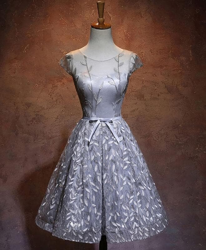 Gray Round Neck Lace Short Prom Dress, Homecoming Dress