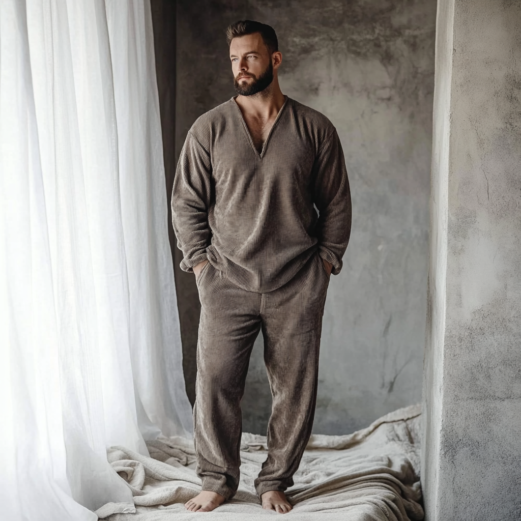 Men's Minimalist Autumn And Winter Warm And Comfortable Casual Pajamas And Pants Two-piece Set-inspireuse