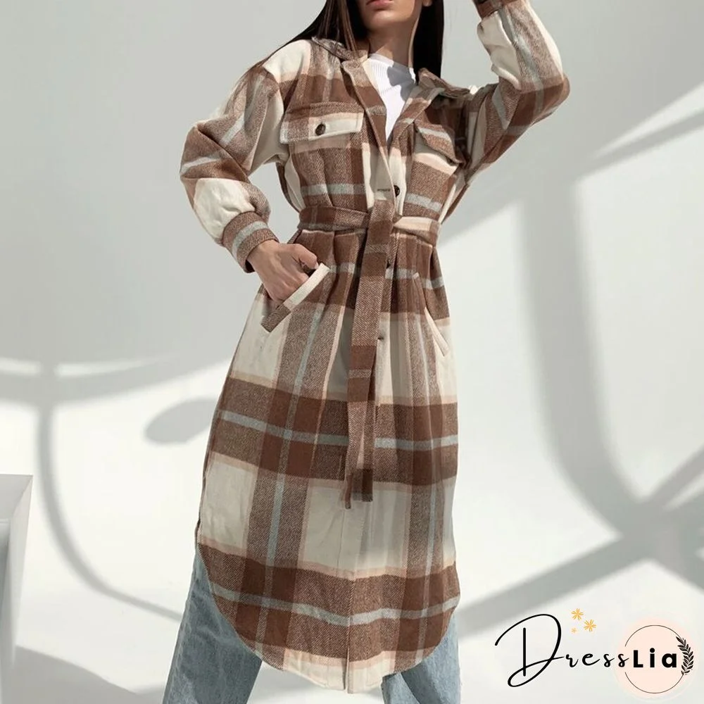 Retro Plaid Print Coat Ladies Casual Long Sleeve Lapel Single Breasted Woolen Coats Women Loose Lace Up Asymmetrical Jacket