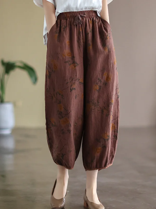 Vintage Drawstring High Waisted Floral Stamped Harem Pants