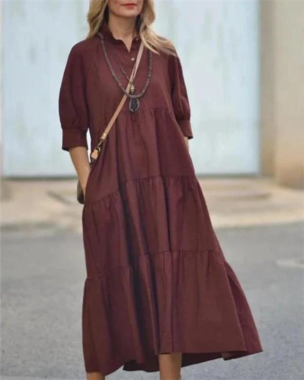 holiday solid buttoned v neck paneled pockets maxi dress p379503