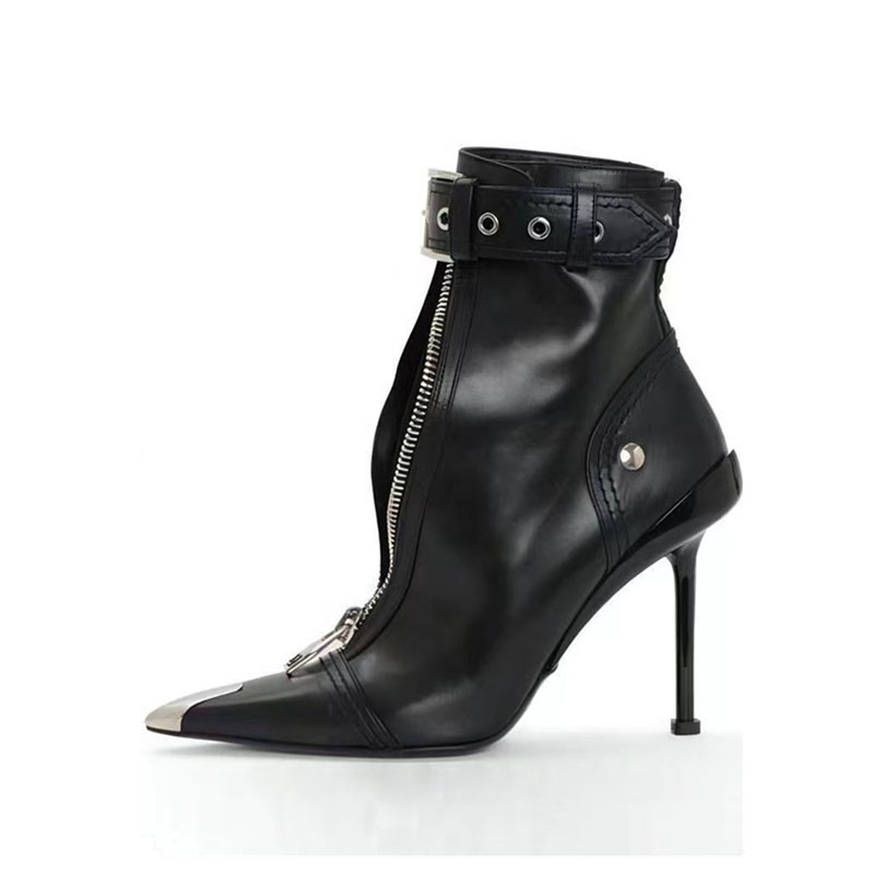 VCSHOES Belt Fasten Front Zipper Opening Ankle Boots Metal Studs Pointed Toe Thin High Heels Two Wear Runway Boots