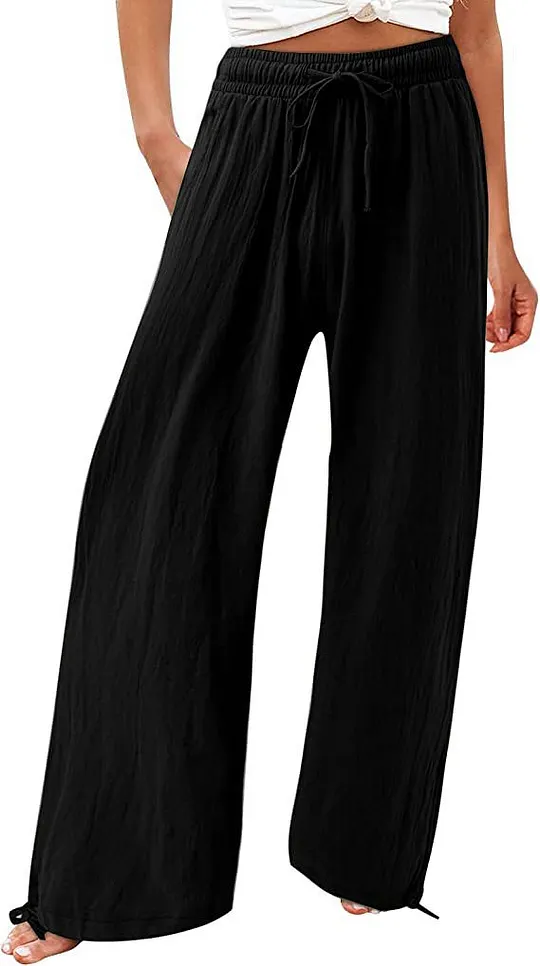 Summer Casual Loose Beach Pants Women's Wide Leg Pure Color Rope Detailing Long Trousers Comfortable Loose Fit Beachwear
