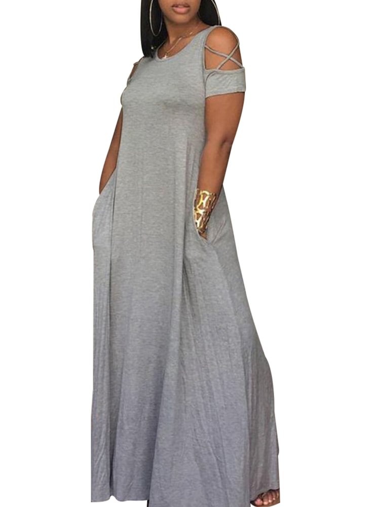 5XL Plus Size Women Hollow Out Short Sleeve Dress Loose Casual Ladies Dresses with Pocket Summer Female Solid Maxi Dresses D30 - BlackFridayBuys